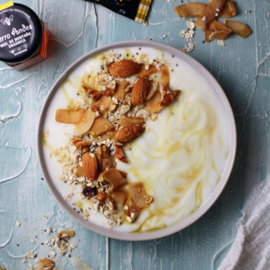 Granola Casera con Miel. Bowl de granola casera con yogurt y decorada con miel de montaña orgánica.